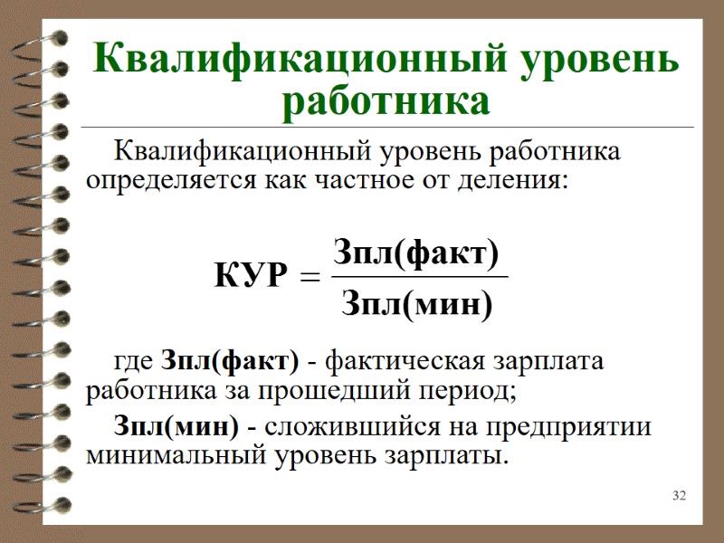 32 Квалификационный уровень работника Квалификационный уровень работника определяется как частное от деления:  